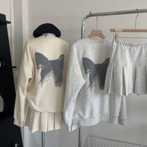 Bow Detail Sweatshirt Set for Women 2024 Fall Cotton Woven Two-Piece Outfit