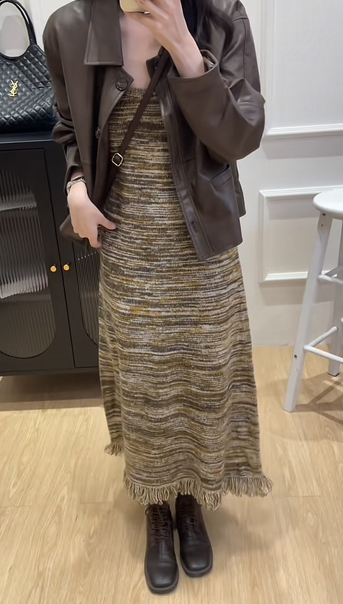 Autumn Retro Lapel Long Sleeve Casual PU Leather Jacket Fringe Skirt Set Petite - Image 2