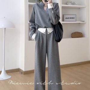 Autumn Fashion Two-Piece Set Women Long Sleeve V-Neck Patchwork High Waist Casual Pants