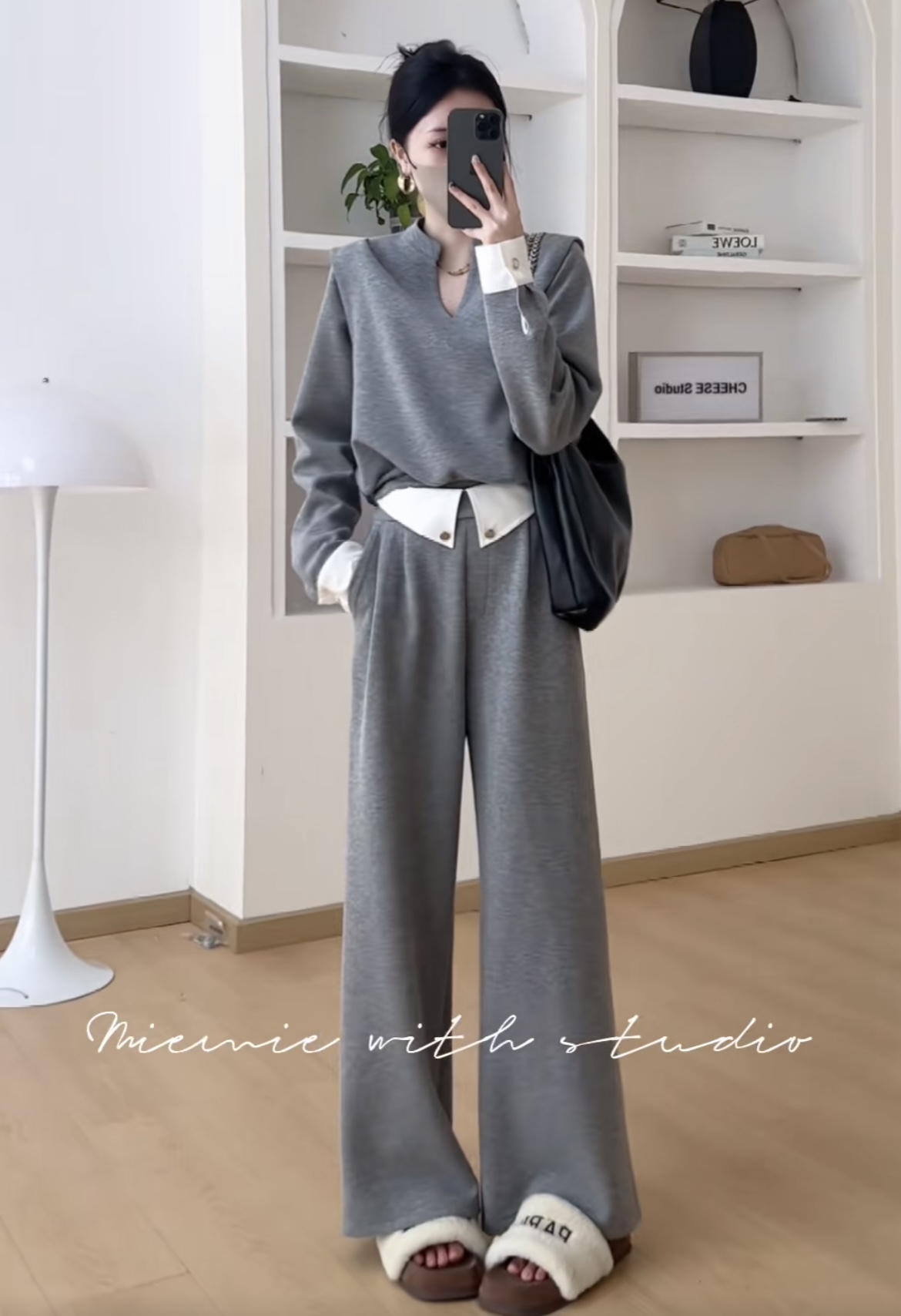 Autumn Fashion Two-Piece Set Women Long Sleeve V-Neck Patchwork High Waist Casual Pants