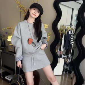 Early Autumn Casual Minimalist Sporty Hoodie and Skirt Set