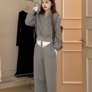 Elegant V-Neck Patchwork Top and Pants Set for Fall