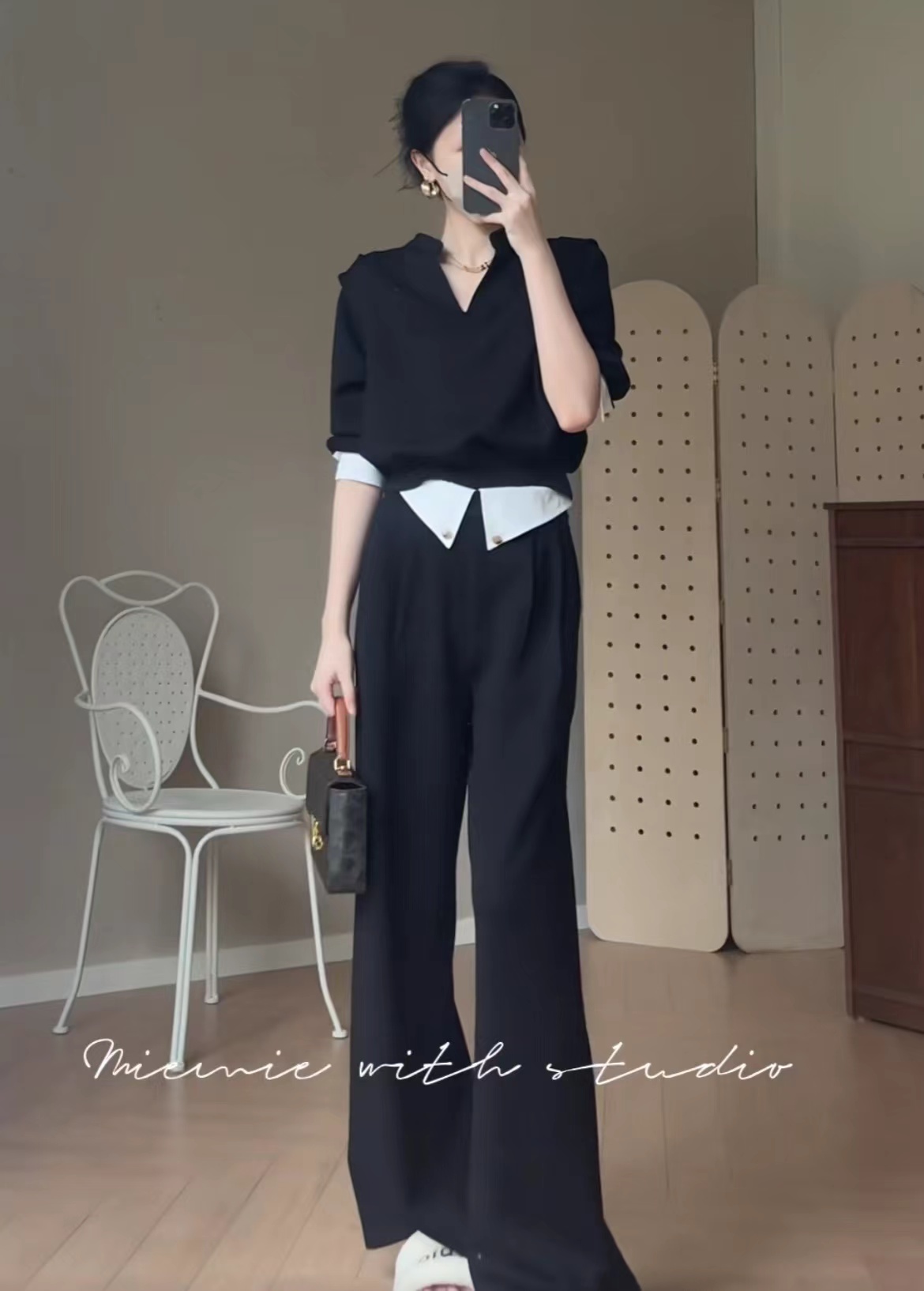 Elegant V-Neck Patchwork Top and Pants Set for Fall - Image 2
