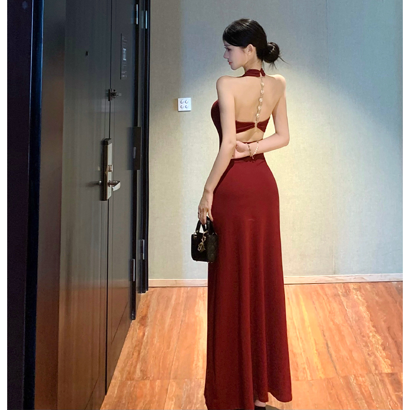 Women's Backless Halter Bodycon Long Dress with Design Details - Image 3
