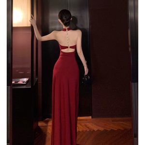 Women's Backless Halter Bodycon Long Dress with Design Details