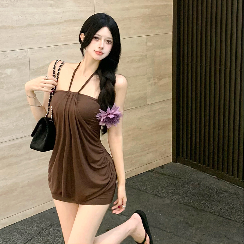 Sexy Strapless Halter Lace-Up Ruched Lantern Mini Dress - Image 5