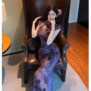 New Chinese Style Improved Qipao Dress Slimming Elegant Half Sleeve Bodycon Mermaid Long Dress Summer New