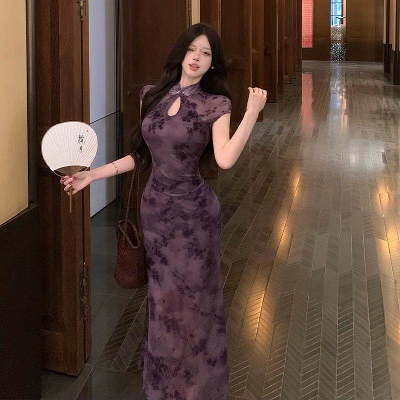 New Chinese Style Improved Qipao Dress Slimming Elegant Half Sleeve Bodycon Mermaid Long Dress Summer New - Image 3