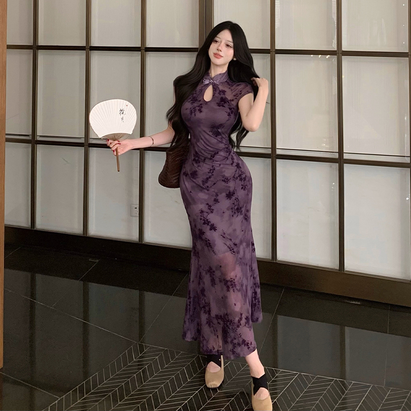 New Chinese Style Improved Qipao Dress Slimming Elegant Half Sleeve Bodycon Mermaid Long Dress Summer New - Image 4