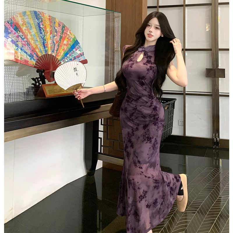 New Chinese Style Improved Qipao Dress Slimming Elegant Half Sleeve Bodycon Mermaid Long Dress Summer New - Image 2