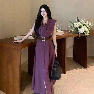 French Style Sleeveless Shirt Dress with Belt