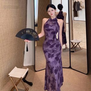 2025 Summer New Chinese Style Improved Qipao Dress Women Flocked Flower Stretch Mesh Mermaid Long Dress Elegant