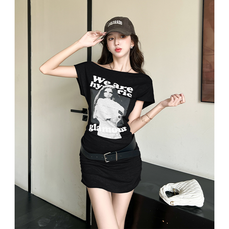 Women's Summer Asymmetric Neck Printed Dress with Belt - Image 4