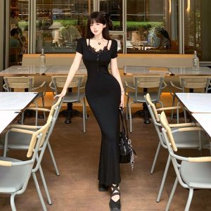French Black U-Neck Cami Dress Women Pure Desire Faux Two-Piece Slimming Lace Short Sleeve Mermaid Long Dress Summer Trend