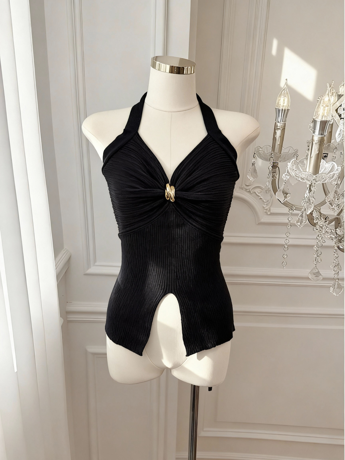 Women's Halter Open Back Cami Knit Top with Waist and Split Design - Image 2