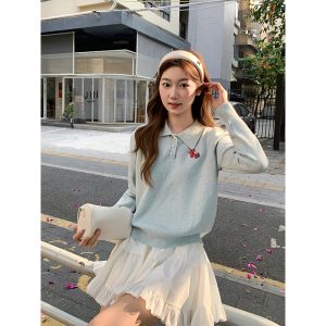 Women's Embroidered Polo Collar Long Sleeve Knit Sweater 2026 Loose Slimming Casual Top
