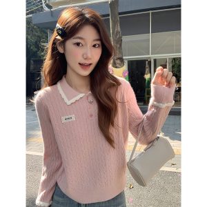 Women's Lace Trim Button Polo Collar Cable Knit Sweater 2026 Spring Soft Loose Base Top