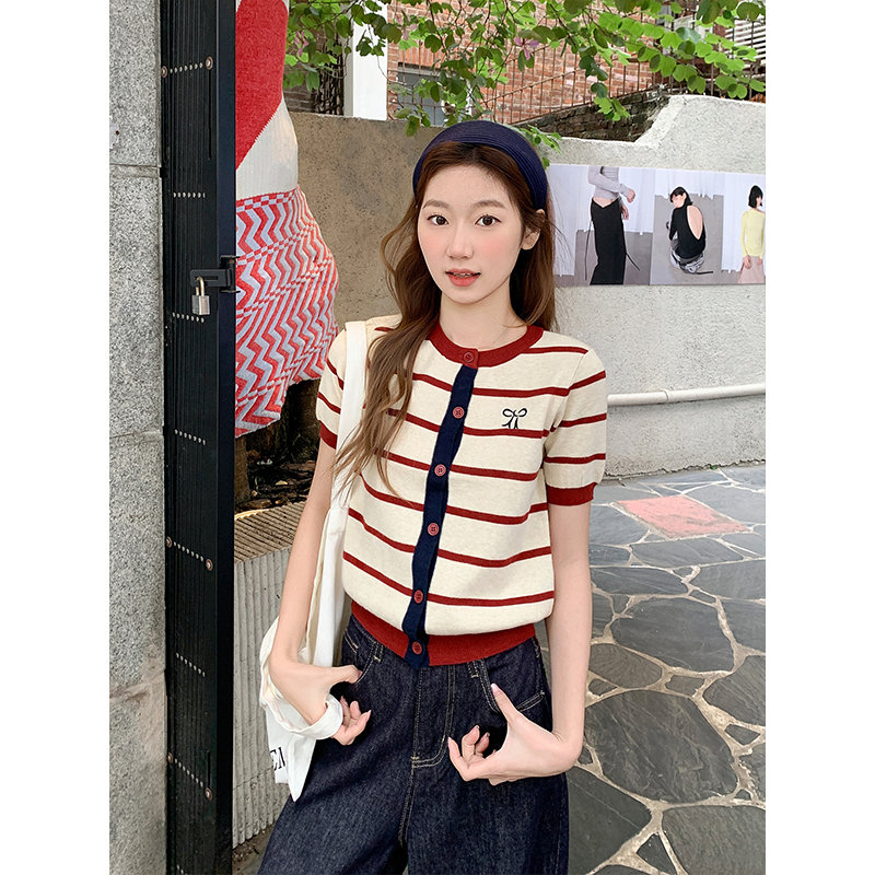 Retro Color Block Striped Short Sleeve Knit Cardigan Women 2026 Early Spring Slim Fit Versatile Base Top - Style 3dc620 - Image 4