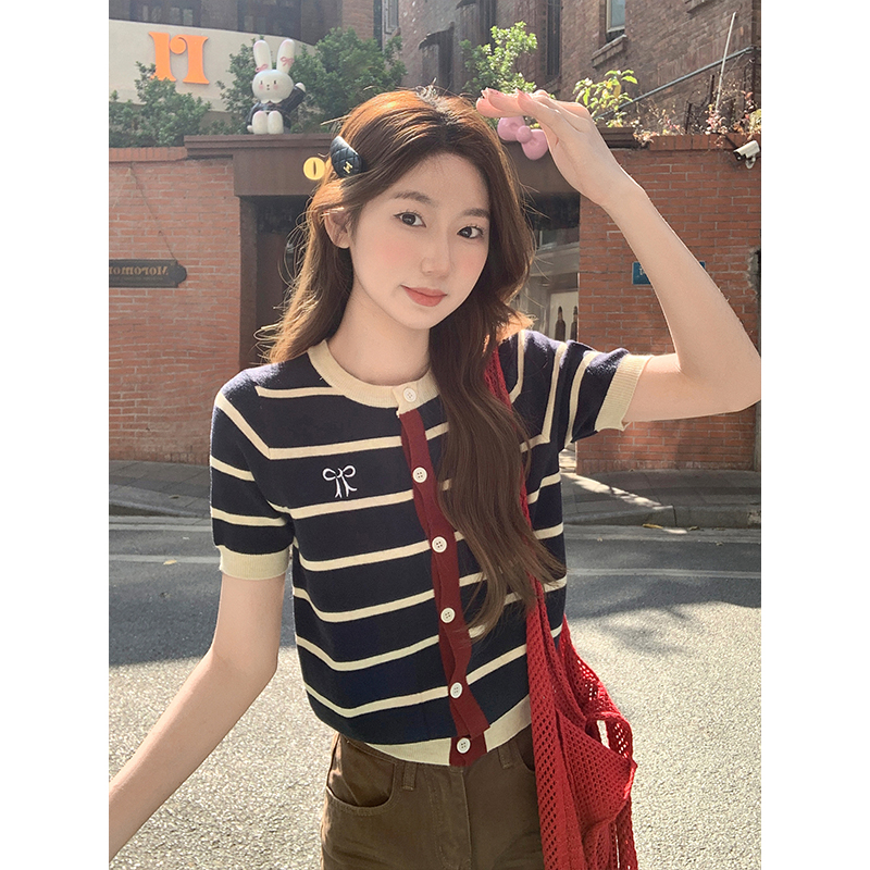 Retro Color Block Striped Short Sleeve Knit Cardigan Women 2026 Early Spring Slim Fit Versatile Base Top - Style 3dc620 - Image 2