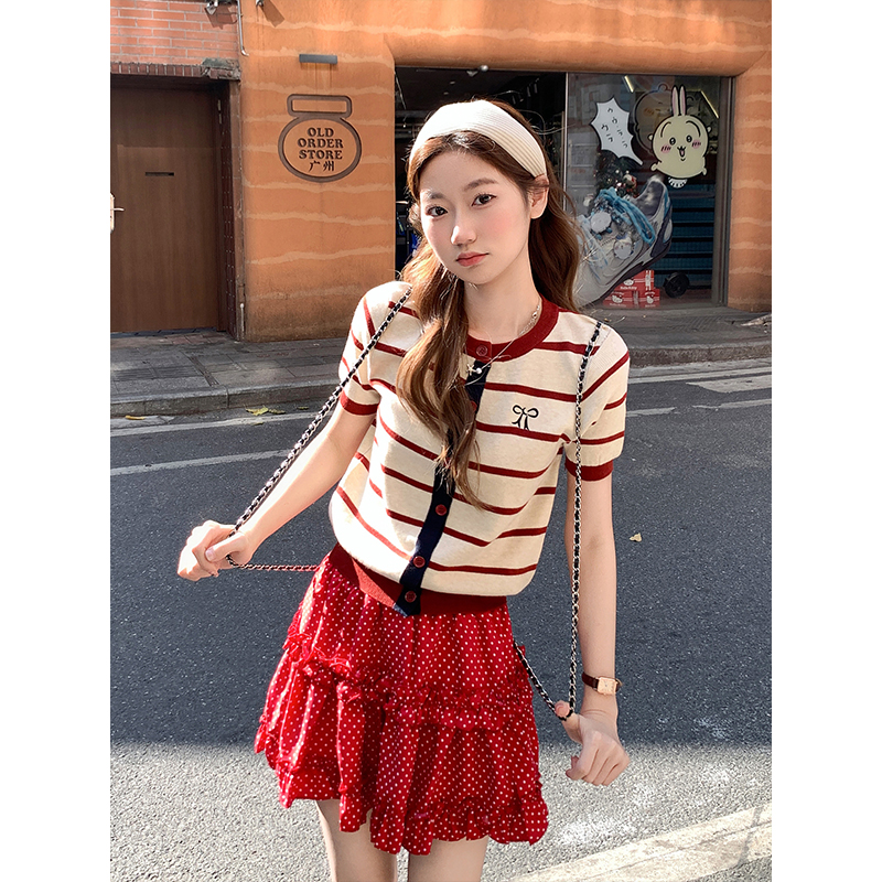 Retro Color Block Striped Short Sleeve Knit Cardigan Women 2026 Early Spring Slim Fit Versatile Base Top - Style 3dc620 - Image 3