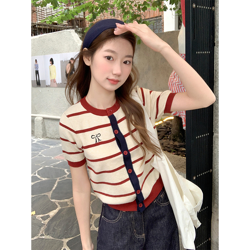 Retro Color Block Striped Short Sleeve Knit Cardigan Women 2026 Early Spring Slim Fit Versatile Base Top - Style 3dc620 - Image 5