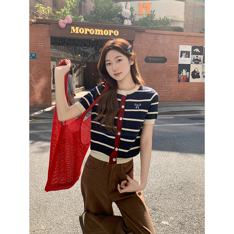 Retro Color Block Striped Short Sleeve Knit Cardigan Women 2026 Early Spring Slim Fit Versatile Base Top - Style 3dc620