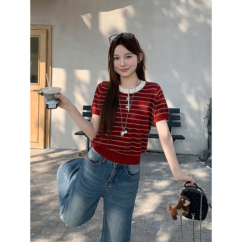 Korean Style Round Neck Color Block Striped Short Sleeve Knit Top for Women 2026 Summer Loose Casual Comfortable - Image 4
