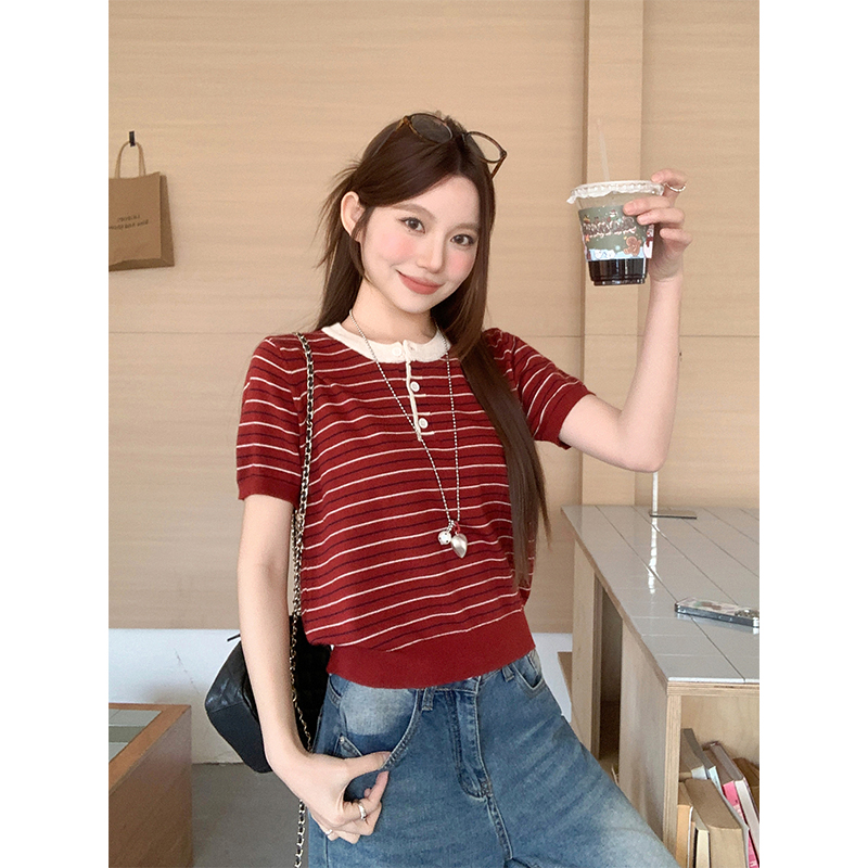 Korean Style Round Neck Color Block Striped Short Sleeve Knit Top for Women 2026 Summer Loose Casual Comfortable - Image 5