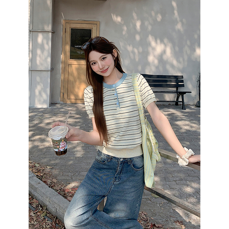 Women's Three-Button Crew Neck Short Sleeve Knit Sweater 2026 Spring Summer Color Block Striped Casual Top - Image 3