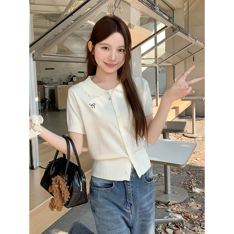 Korean Lace Spliced Doll Collar Short Sleeve Knit Cardigan Women Spring Summer New Chic Age Reducing Versatile Open Front Top - Image 2
