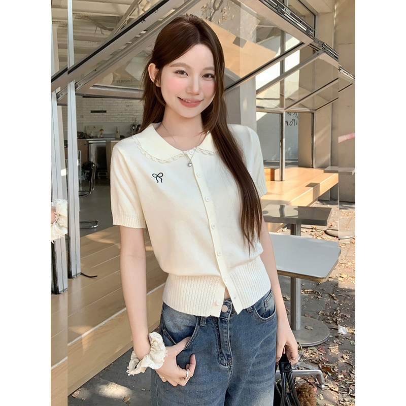 Korean Lace Spliced Doll Collar Short Sleeve Knit Cardigan Women Spring Summer New Chic Age Reducing Versatile Open Front Top - Image 3