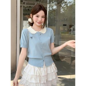 Korean Lace Spliced Doll Collar Short Sleeve Knit Cardigan Women Spring Summer New Chic Age Reducing Versatile Open Front Top