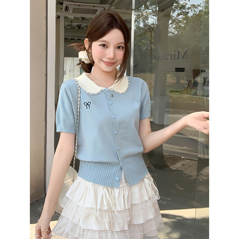 Korean Lace Spliced Doll Collar Short Sleeve Knit Cardigan Women Spring Summer New Chic Age Reducing Versatile Open Front Top