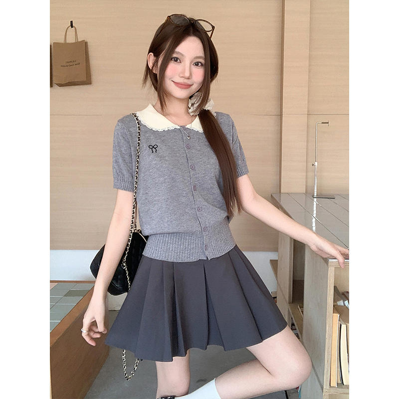 Korean Lace Spliced Doll Collar Short Sleeve Knit Cardigan Women Spring Summer New Chic Age Reducing Versatile Open Front Top - Image 4