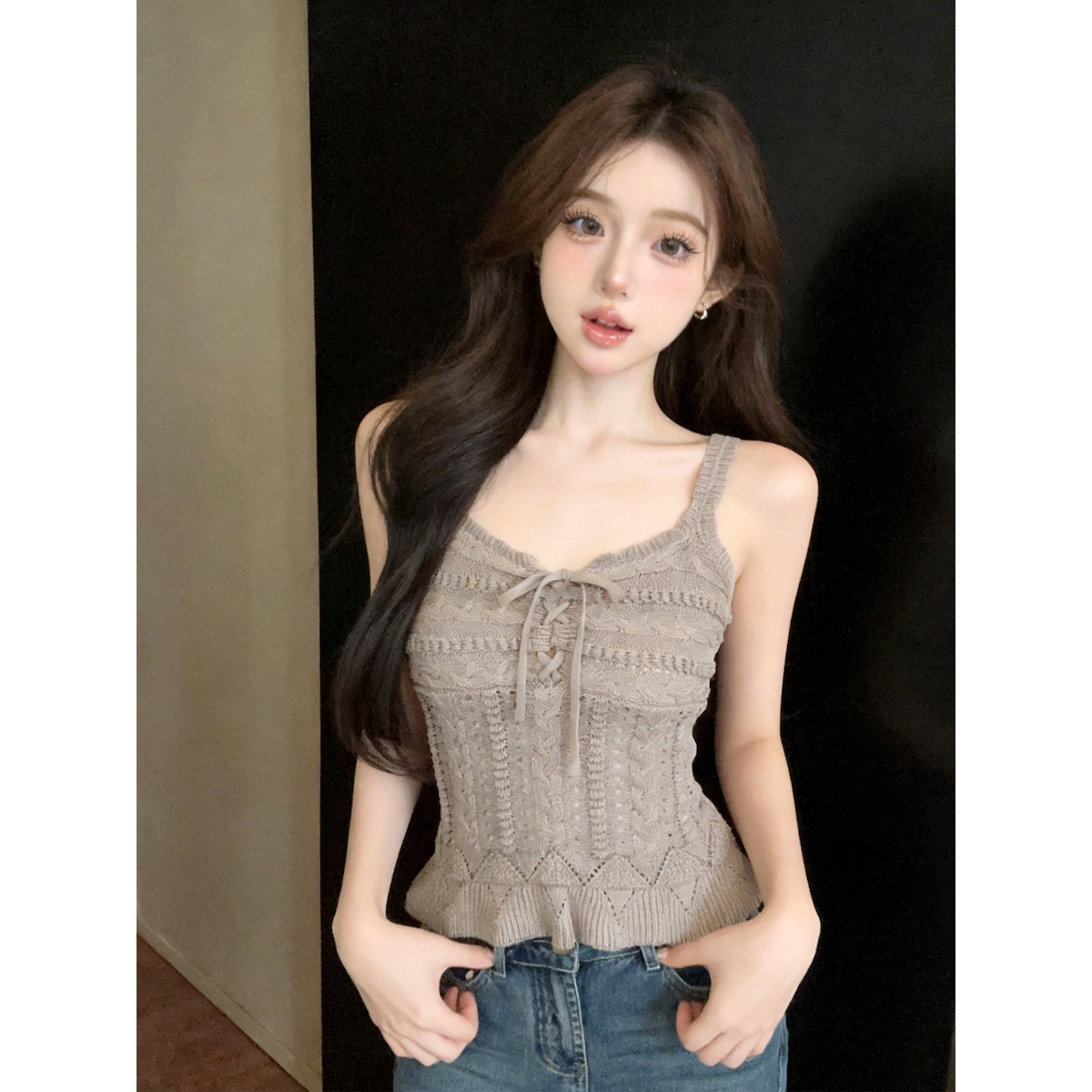 Women's V-Neck Openwork Knit Camisole Tank Top Summer Slim Fit - Style a3ad53 - Image 5