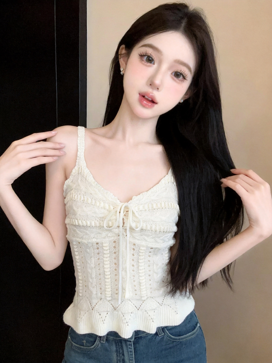 Women's V-Neck Openwork Knit Camisole Tank Top Summer Slim Fit - Style a3ad53 - Image 4