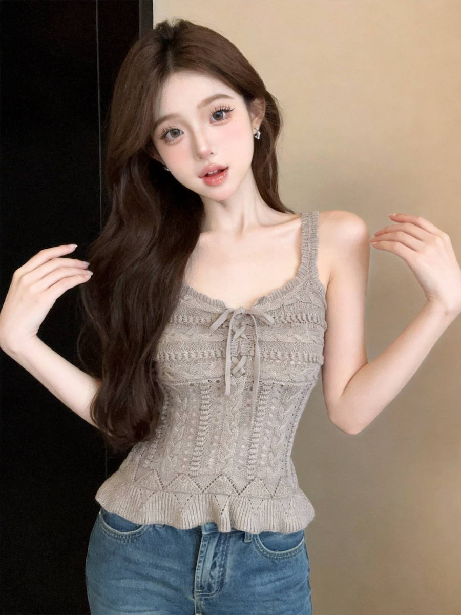 Women's V-Neck Openwork Knit Camisole Tank Top Summer Slim Fit - Style a3ad53
