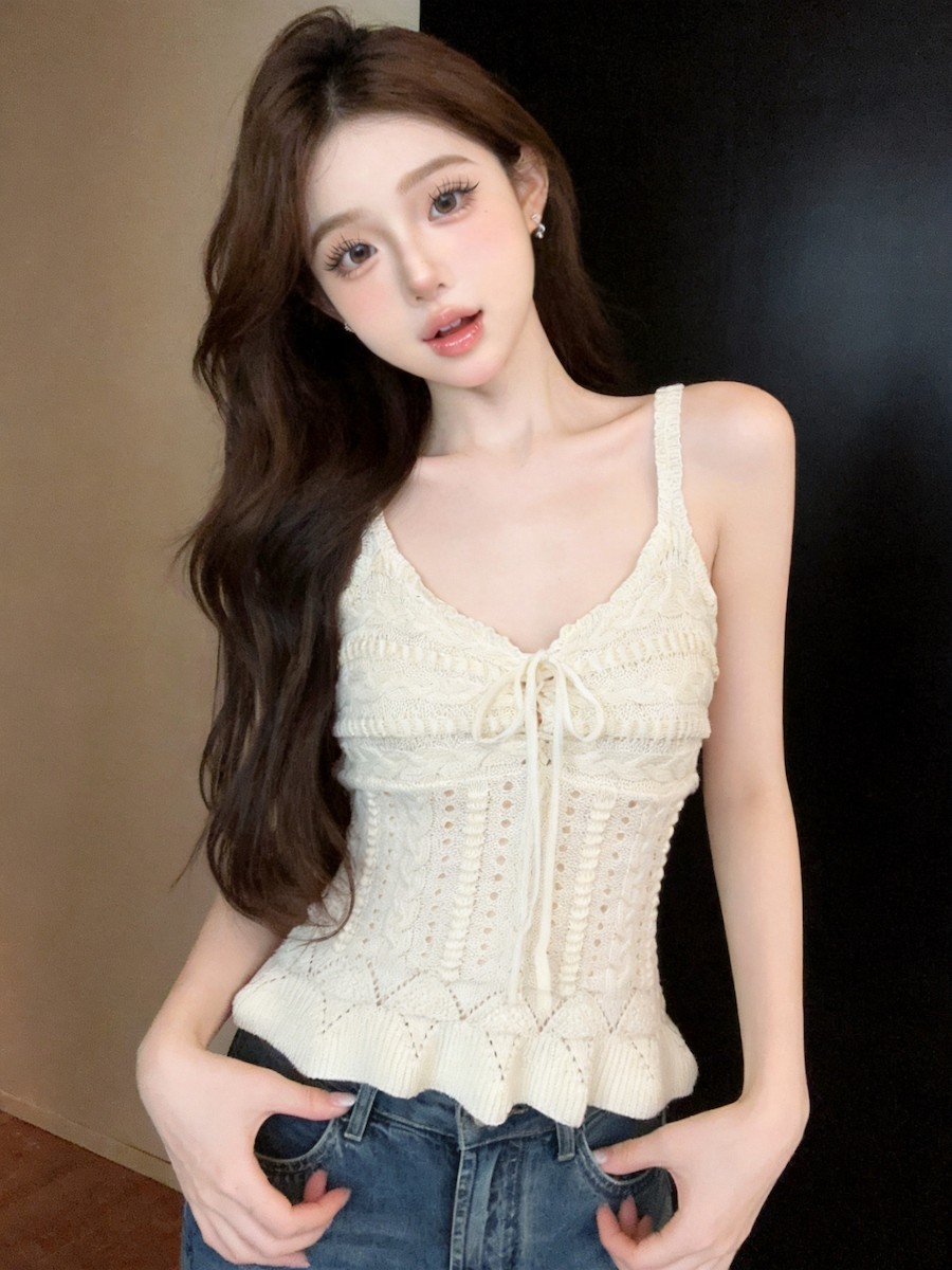 Women's V-Neck Openwork Knit Camisole Tank Top Summer Slim Fit - Style a3ad53 - Image 2