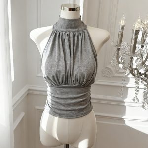 French Style Halter Camisole Top for Women Summer Slim Fit Knit Cotton