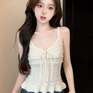 Women's V-Neck Openwork Knit Camisole Tank Top Summer Slim Fit - Style 2d475d