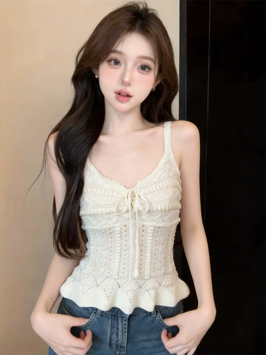 Women's V-Neck Openwork Knit Camisole Tank Top Summer Slim Fit - Style 2d475d