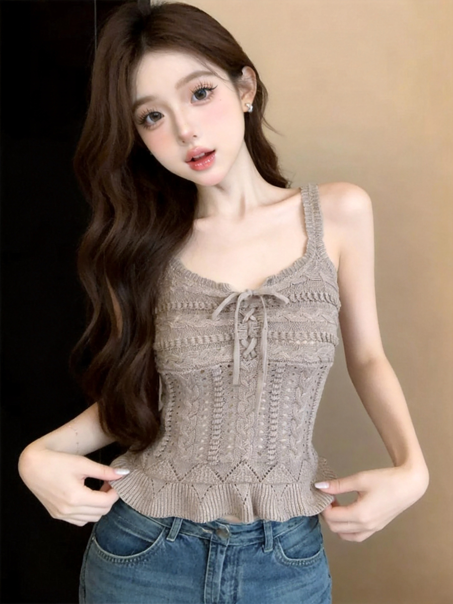 Women's V-Neck Openwork Knit Camisole Tank Top Summer Slim Fit - Style 2d475d - Image 4