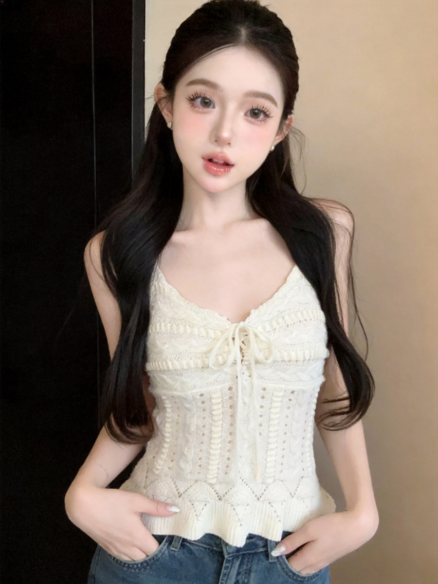 Women's V-Neck Openwork Knit Camisole Tank Top Summer Slim Fit - Style 2d475d - Image 2
