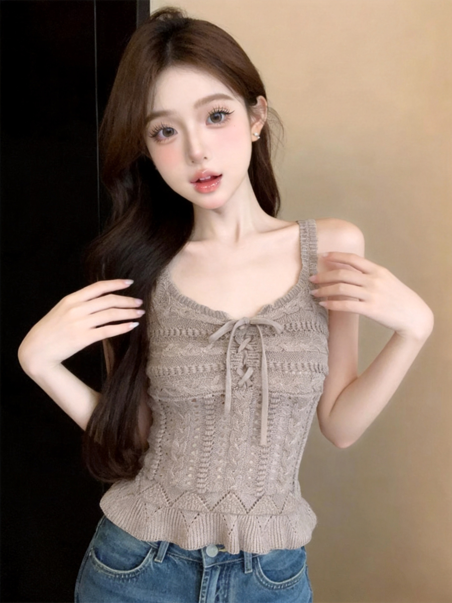 Women's V-Neck Openwork Knit Camisole Tank Top Summer Slim Fit - Style 2d475d - Image 3