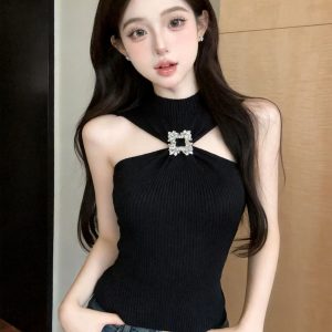 Women's Sleeveless Halter Knit Tank Top with Rhinestone Detail - Style 2d8ad1