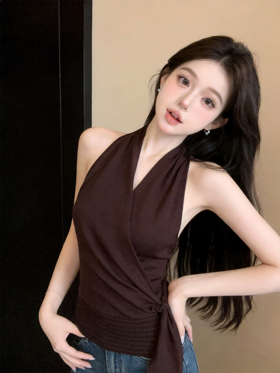 Women's Irregular Halter Cami Top Summer V-Neck Sleeveless - Style 5b07f1