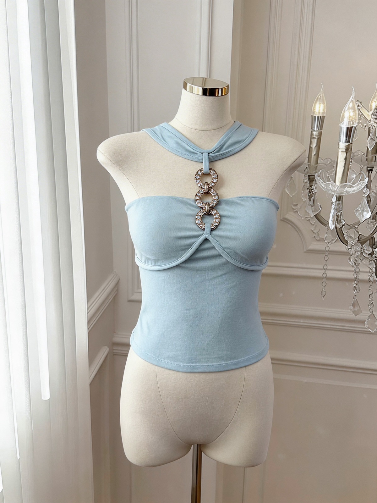 Women's Sleeveless Halter Camisole Top with Cutout Splicing French Style Summer Shirt