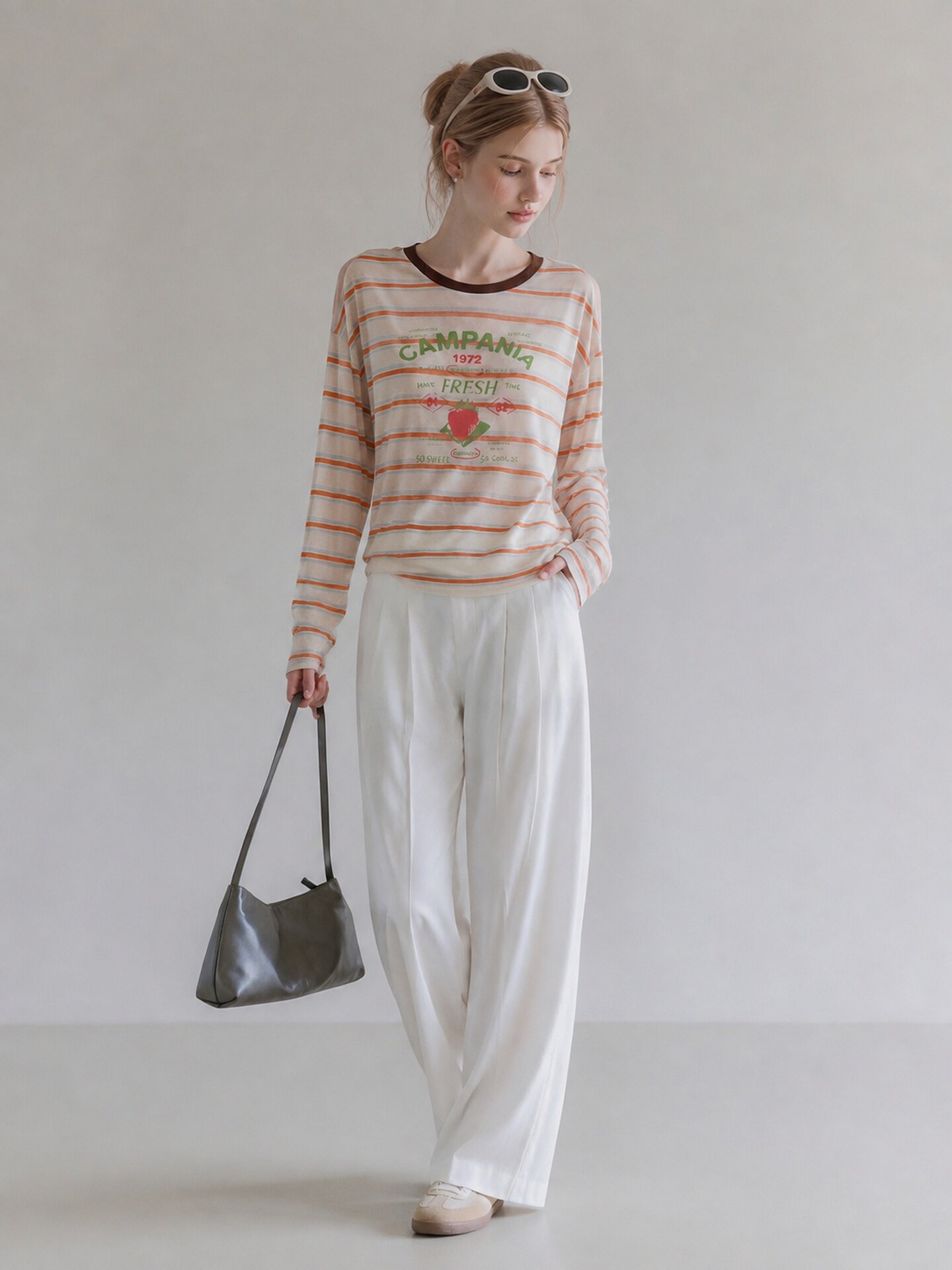 Orange Striped Print Crew Neck Long Sleeve T-Shirt for Women Early Autumn 2026 Chic Top - Image 3