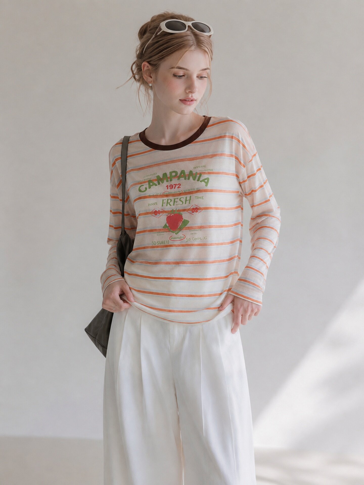 Orange Striped Print Crew Neck Long Sleeve T-Shirt for Women Early Autumn 2026 Chic Top - Image 2
