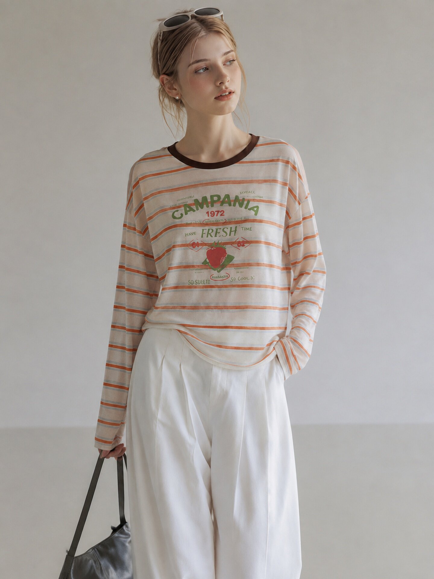 Orange Striped Print Crew Neck Long Sleeve T-Shirt for Women Early Autumn 2026 Chic Top - Image 4